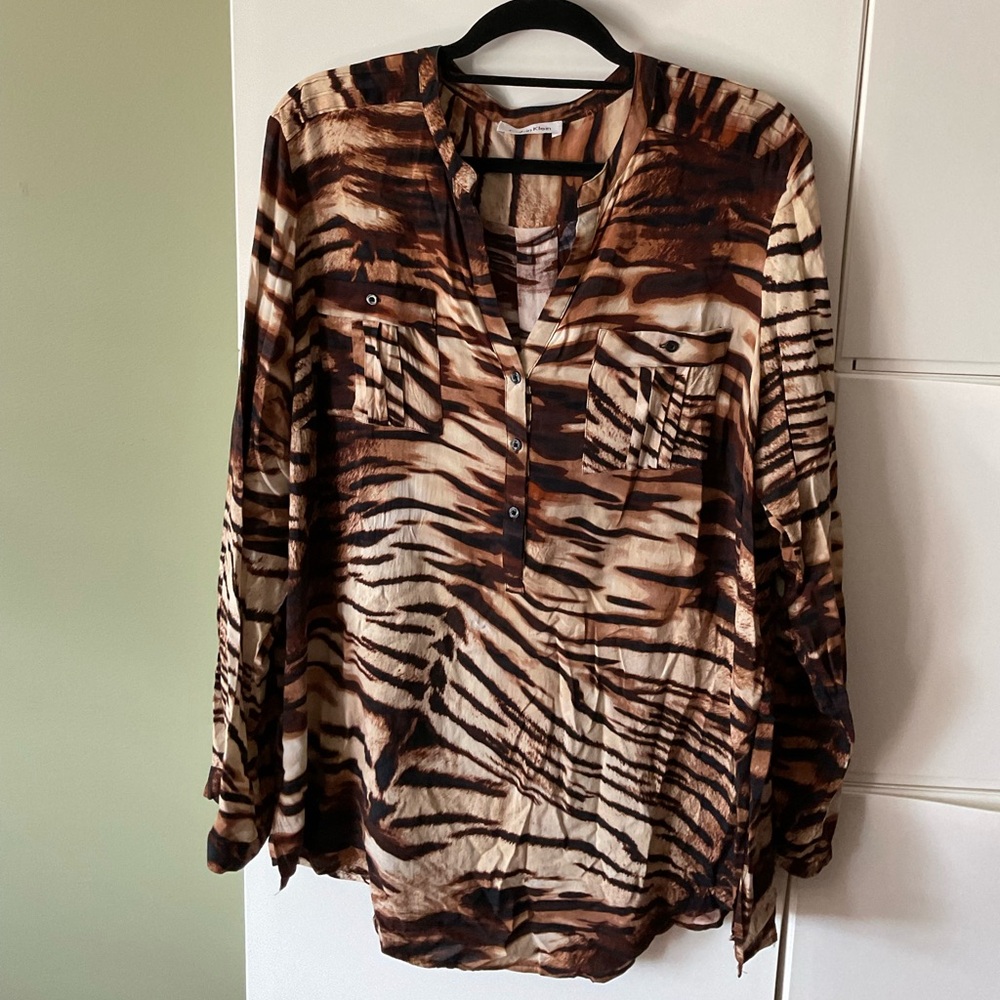 Calvin Klein zebra print brown and cream Long Sleeve Blouse